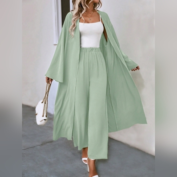 Pants - Solid Open Front Coat & Wide Leg Pants
